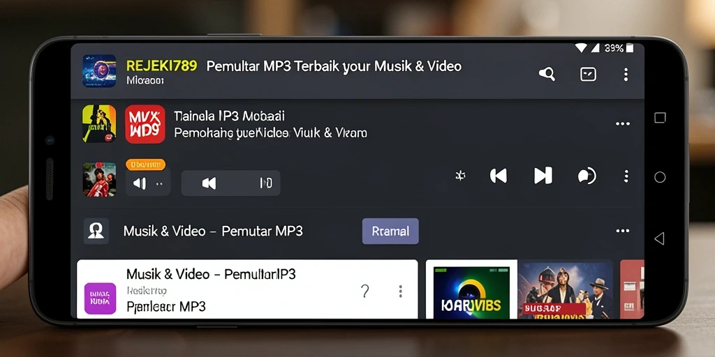 Antarmuka REJEKI789 menampilkan pemutar MP3 yang elegan dan fungsional.
